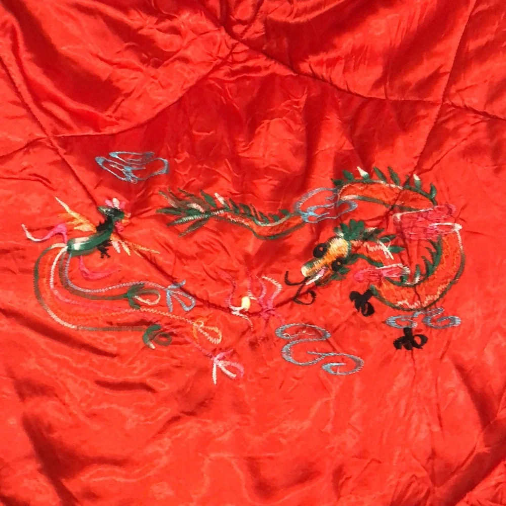 Kids Vintage Red Satin Reversible Embroidered Dragon Cape Hooded Cloak Poncho Sm